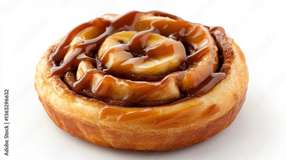 Fototapeta premium A freshly baked cinnamon roll with caramelized banana filling, drizzled with a smooth caramel glaze