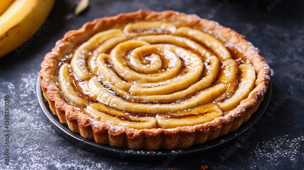 Fototapeta premium A gourmet banana tart with caramelized banana slices arranged in a delicate spiral, set on a flaky, golden pastry crust