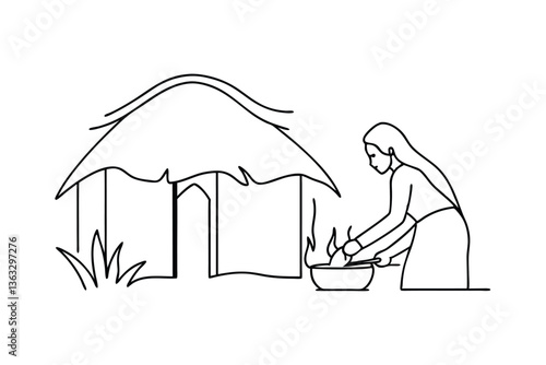 Woman Cooking Outside Simple Hut Rural Life Line Drawing