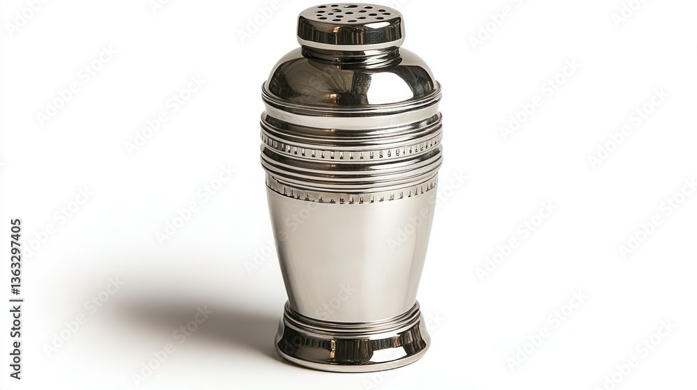 Polished, stainless steel cocktail shaker with decorative bands Polished, stainless steel cocktail shaker with decorative bands