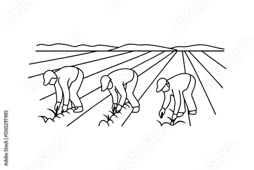 Agricultural Workers Harvesting Crops in a Vast Field
