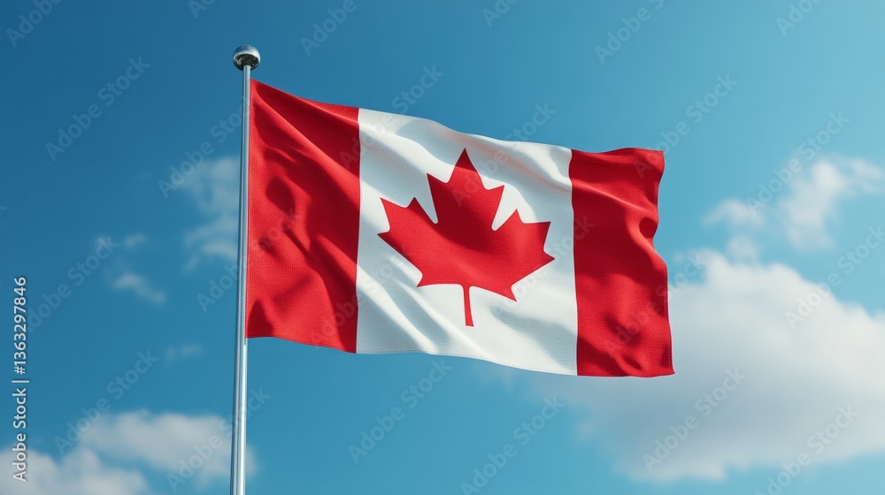 Elegant Canadian flag waving in breeze with sharp focus on red maple leaf national pride and identity Elegant Canadian flag waving in breeze with sharp focus on red maple leaf national pride and identity