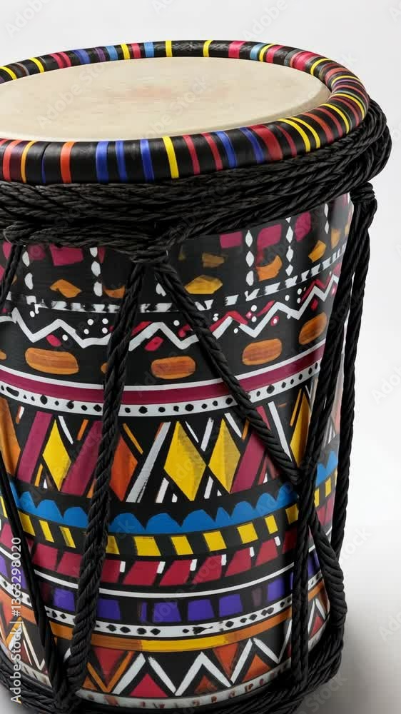 Colorful hand-painted drum displayed on a neutral background showcasing traditional design and craftsmanship Colorful hand-painted drum displayed on a neutral background showcasing traditional design and craftsmanship