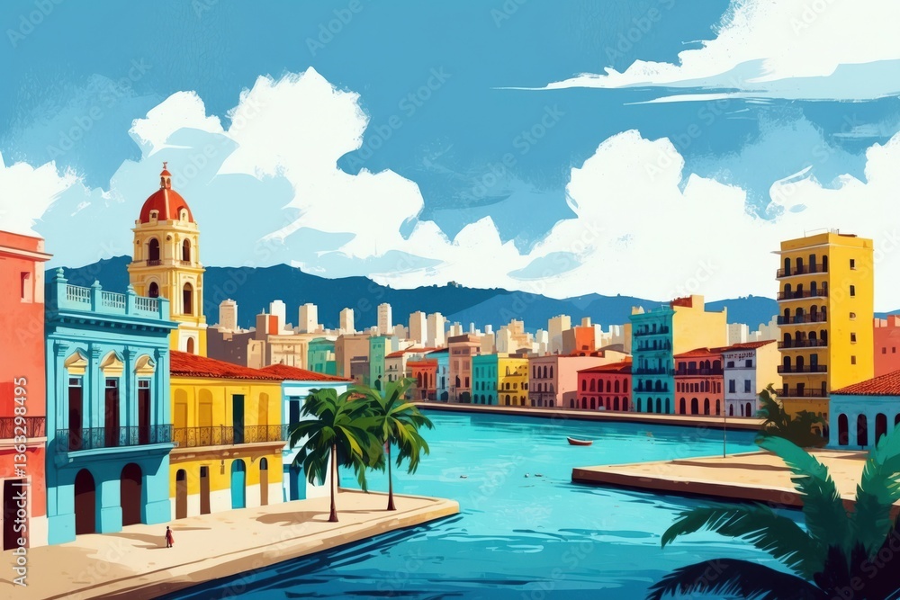 Fototapeta premium Colorful riverside buildings in a vibrant city during a sunny day with clear blue skies and scenic mountains in the background