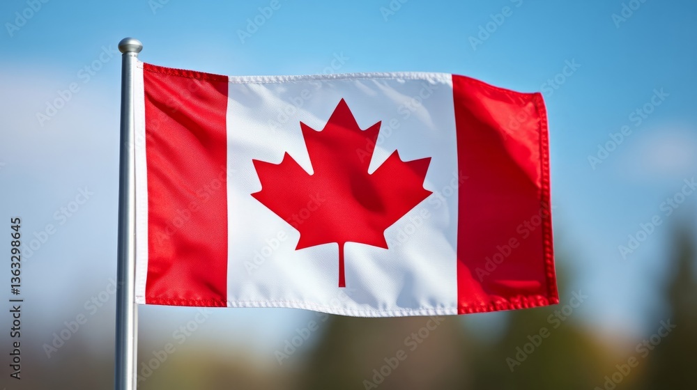 Elegant Canadian flag waving in breeze with sharp focus on red maple leaf national pride and identity Elegant Canadian flag waving in breeze with sharp focus on red maple leaf national pride and identity