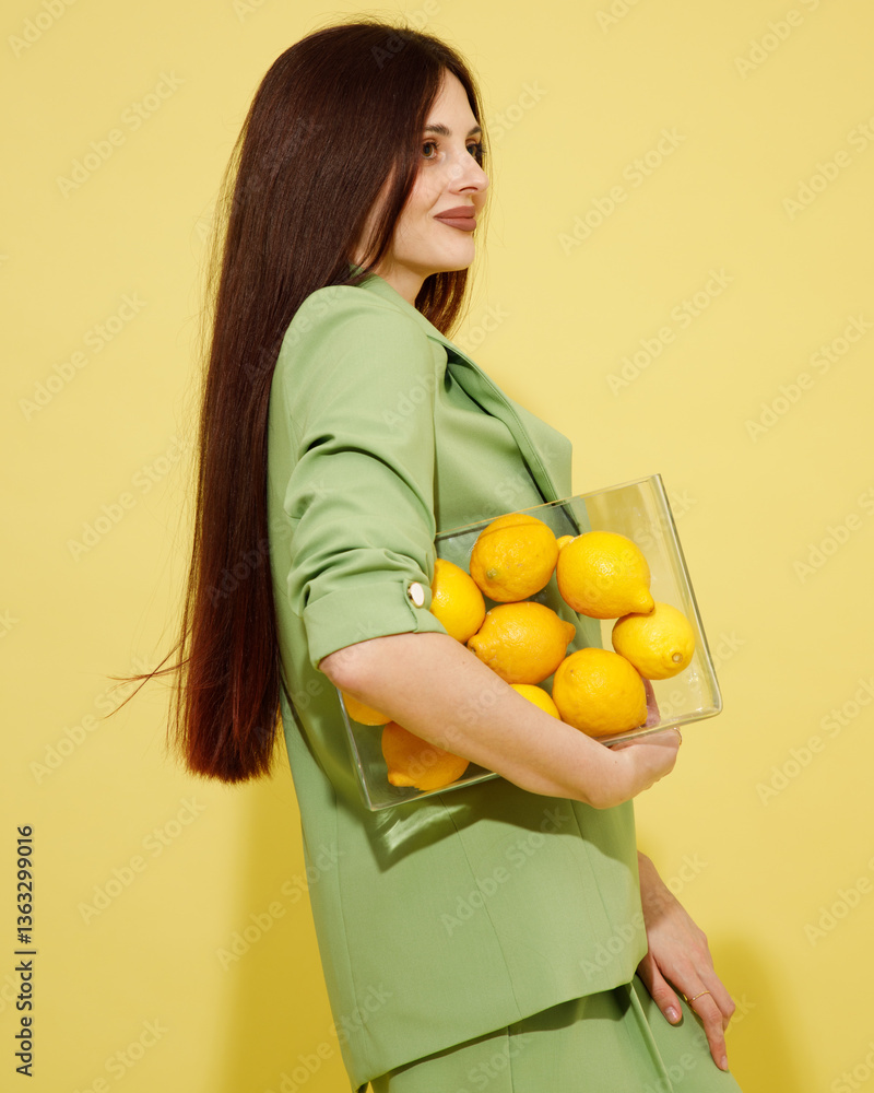 Fashion portrait of beautiful model in green suit with lemons against yellow background