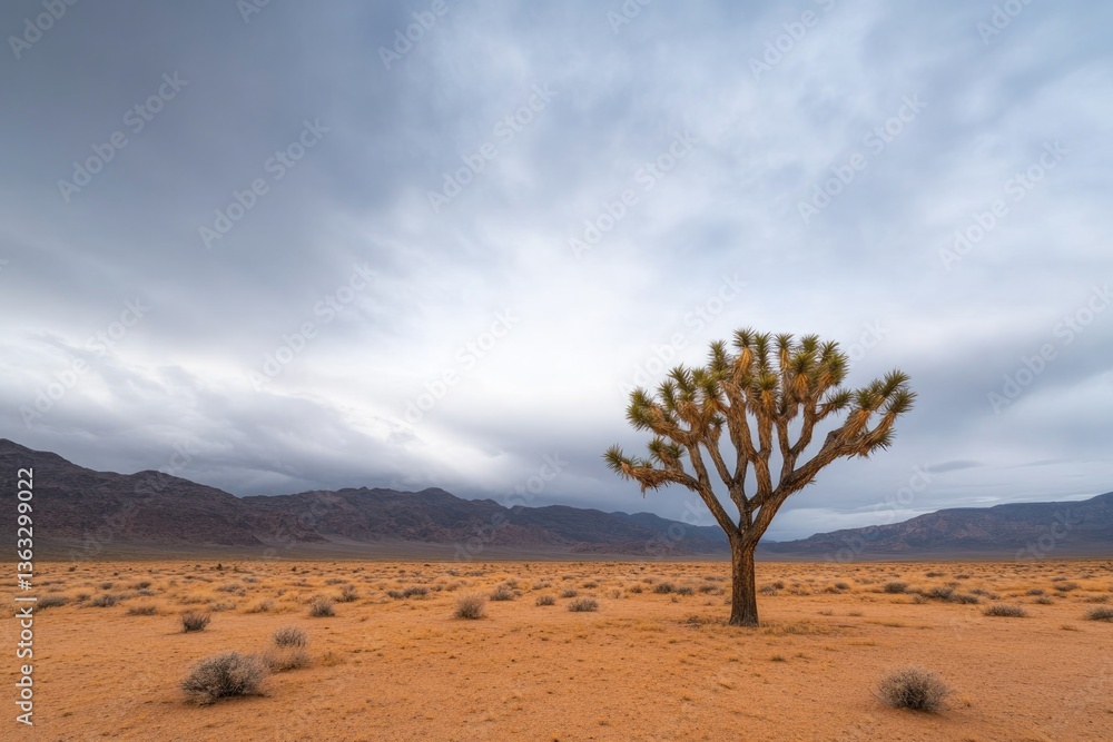 Obraz premium solitary joshua tree stands against expansive sunlit desert landscape shadows stretching far evoking timeless beauty