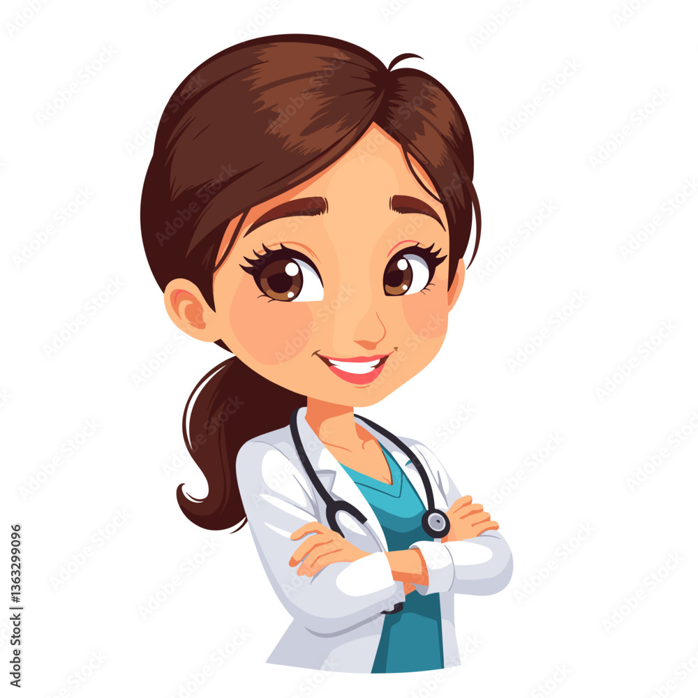 Cartoon female doctor smiling confidently with arms crossed Cartoon female doctor smiling confidently with arms crossed