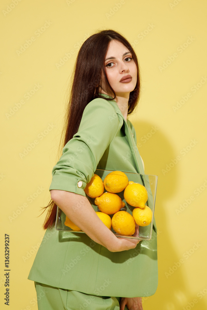 Fashion portrait of beautiful model in green suit with lemons against yellow background