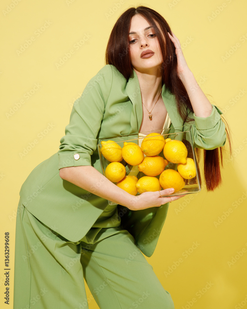 Fashion portrait of beautiful model in green suit with lemons against yellow background