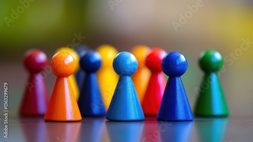 Colorful wooden game pieces standing together in a formation