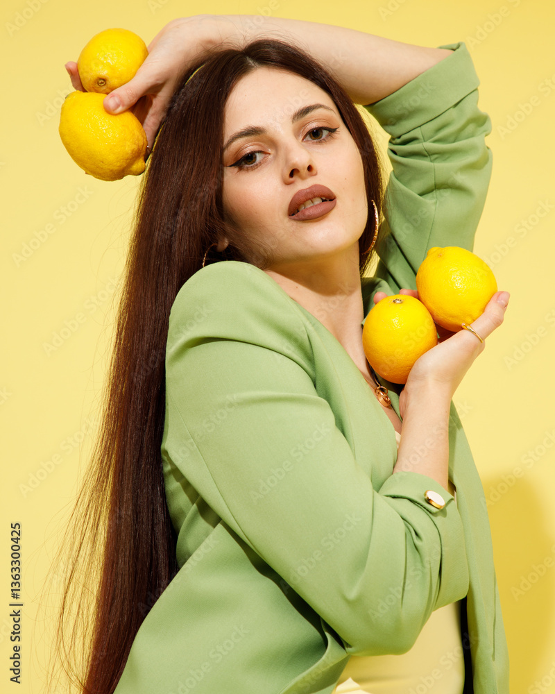 Fashion portrait of beautiful model in green suit with lemons against yellow background