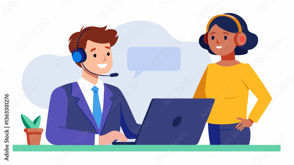 Vector call center supervisor training and guiding a new customer service representative in an office Vector call center supervisor training and guiding a new customer service representative in an office