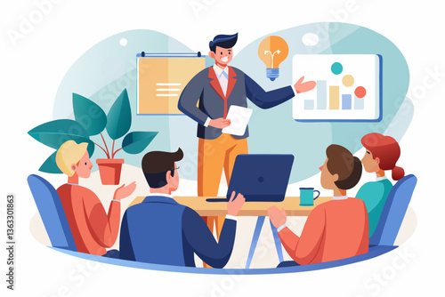 Vector entrepreneur pitching an idea to investors in a conference room for startup funding