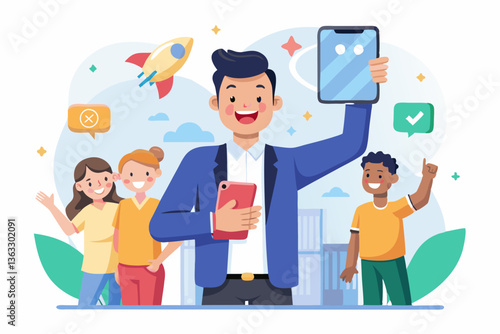 Vector excited startup founder showcasing a new mobile app to clients for business growth