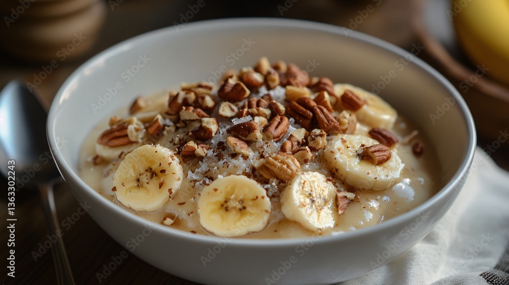 A warm caramelized banana dish sprinkled with toasted hazelnuts, pecans, and a hint of flaky sea salt A warm caramelized banana dish sprinkled with toasted hazelnuts, pecans, and a hint of flaky sea salt