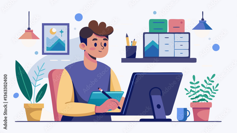 Vector graphic designer creating an illustration on a tablet in a modern office workspace Vector graphic designer creating an illustration on a tablet in a modern office workspace