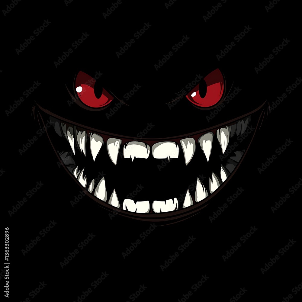 Naklejka premium Dark cartoon face with bloodshot eyes and sharp teeth photo