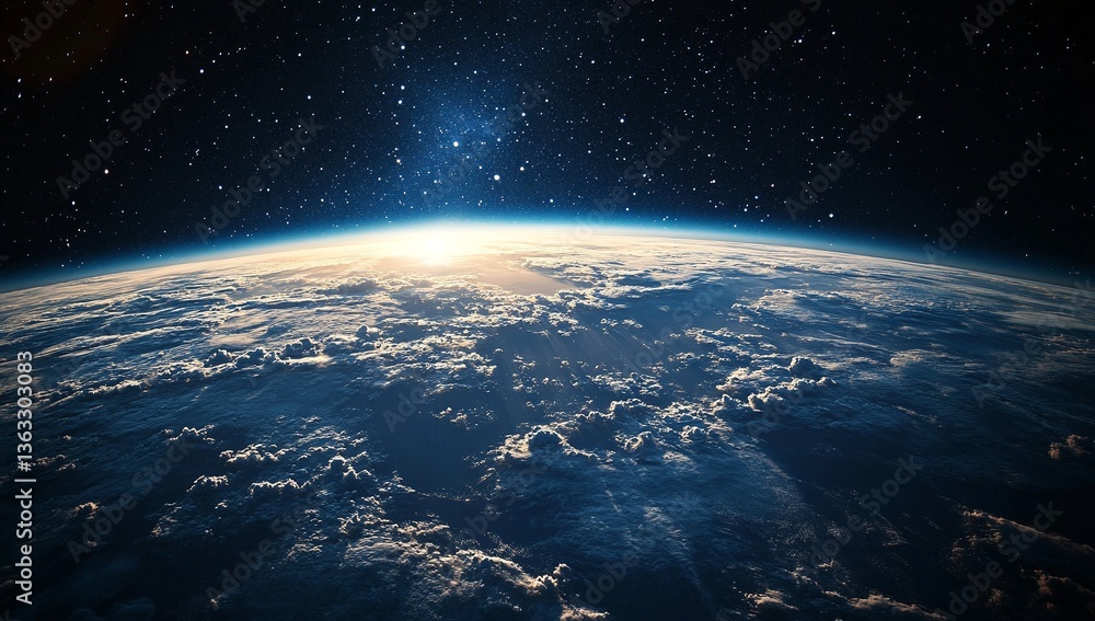 Fototapeta premium Stunning view of Earth from space, showcasing a breathtaking sunrise over a cloud-covered planet. A celestial masterpiece.
