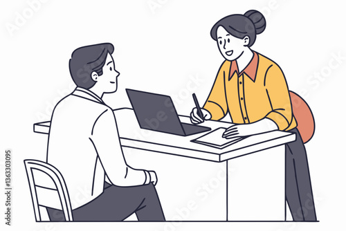 Vector manager conducting a performance review meeting with an employee in an office