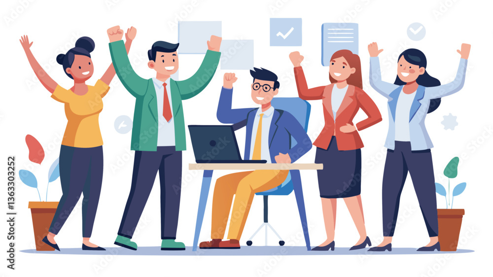Obraz premium Vector office team clapping and cheering for a successful business project completion