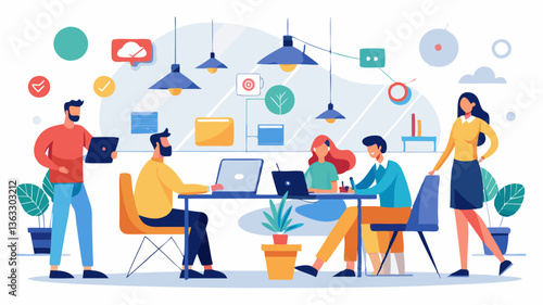 Vector modern coworking space with professionals networking and working together