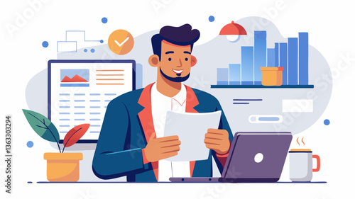 Vector office worker drinking coffee while reading business news and market updates in a corporate setting