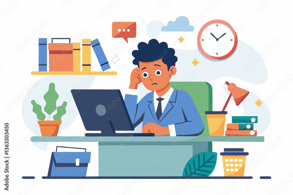 Vector overwhelmed employee struggling to meet deadlines at a cluttered office desk Vector overwhelmed employee struggling to meet deadlines at a cluttered office desk