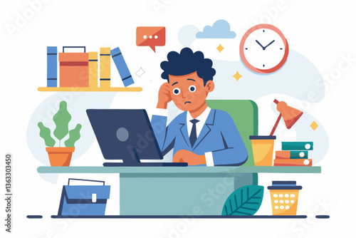 Vector overwhelmed employee struggling to meet deadlines at a cluttered office desk