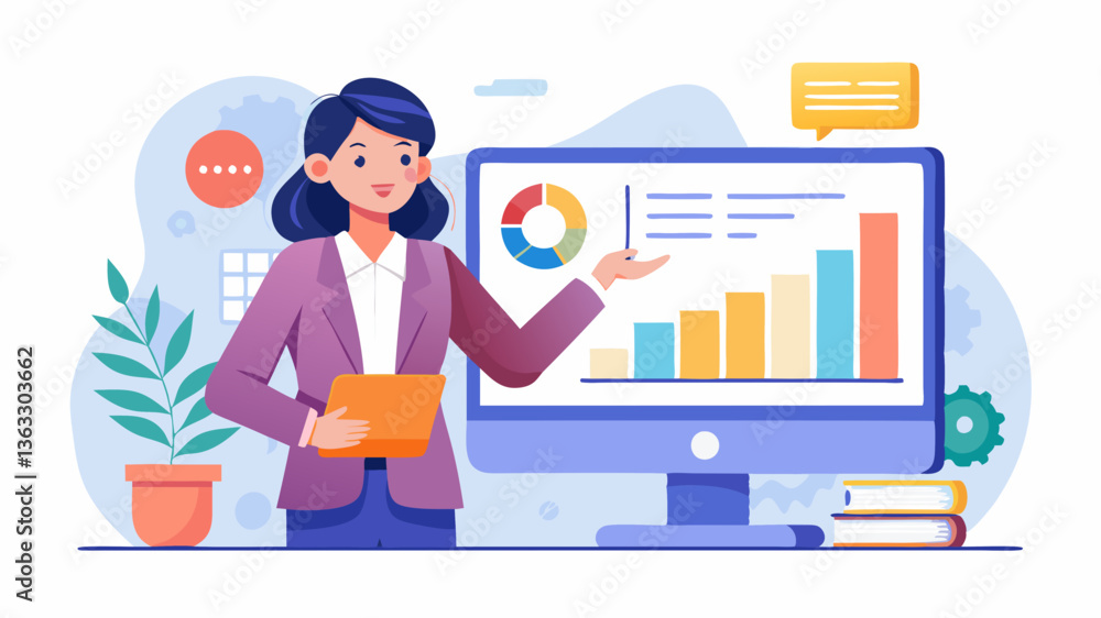 Vector professional woman explaining data analysis on a computer screen in an office Vector professional woman explaining data analysis on a computer screen in an office