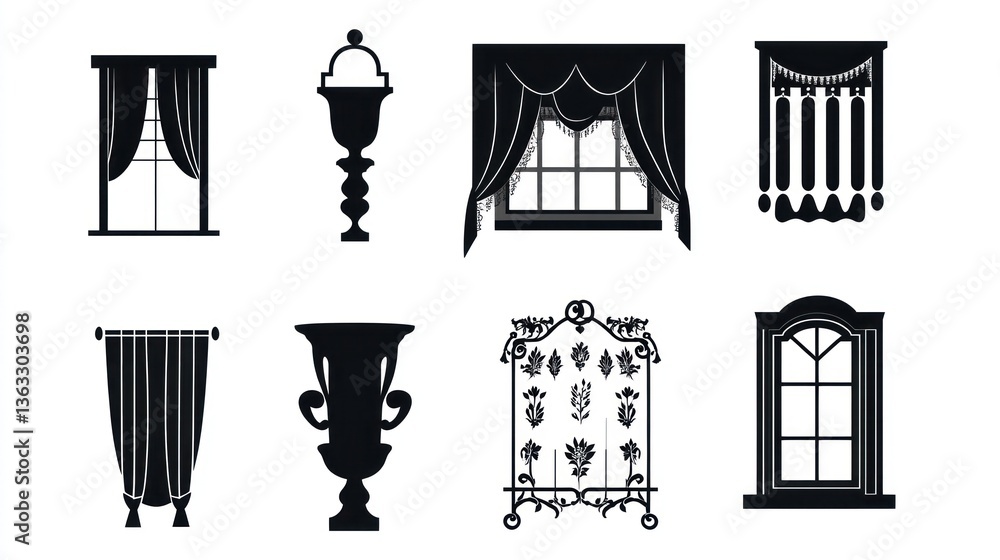 Fototapeta premium Black and white silhouette art of curtains, vases, and window designs isolated