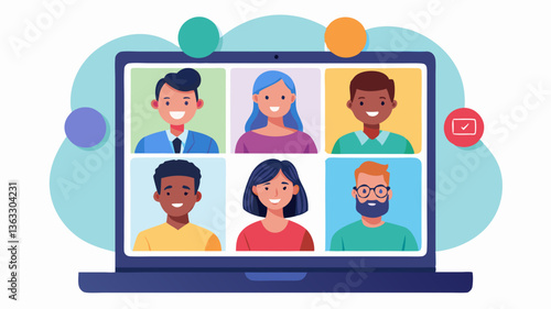 Vector virtual meeting on a laptop screen with multiple participants in online business communication