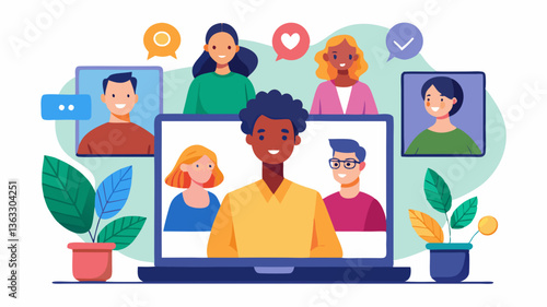 Vector virtual meeting on a laptop screen with multiple participants in online business communication