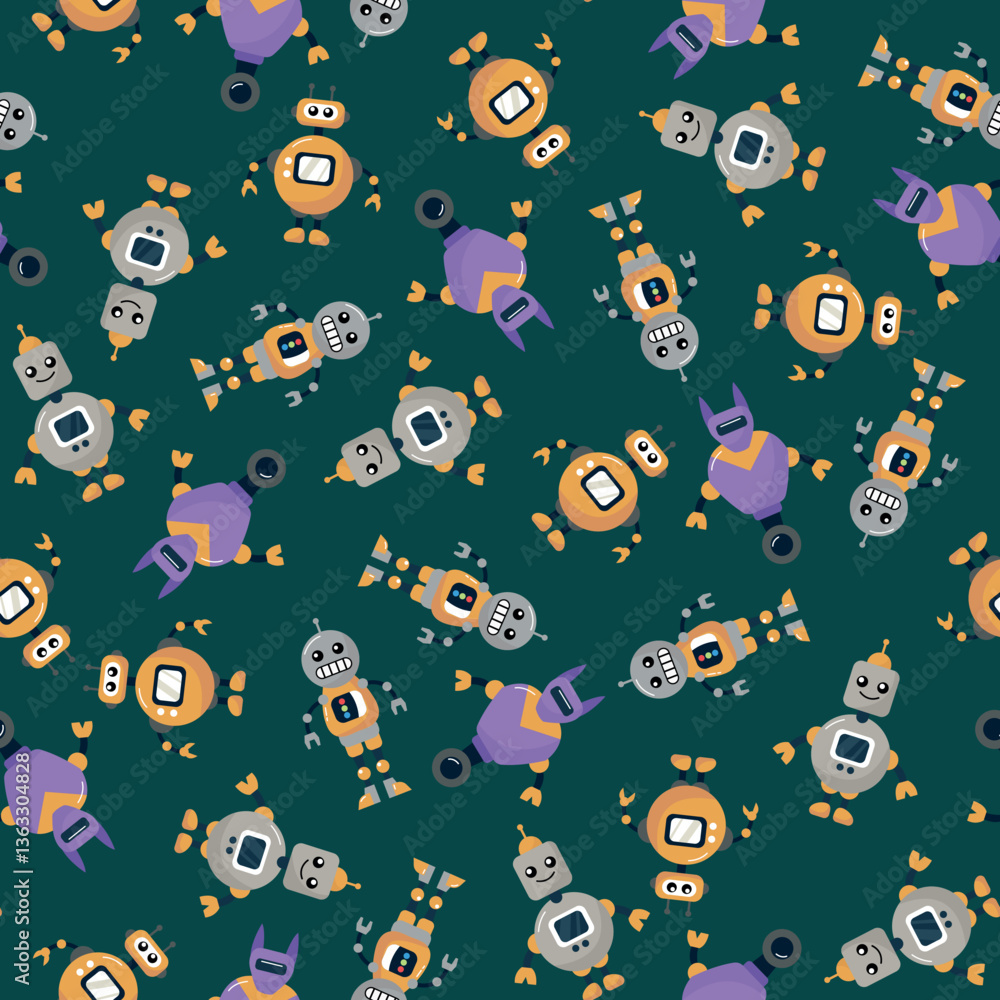 Obraz premium Seamless pattern with funny robots. Design for fabric, textile, wallpaper, packaging 