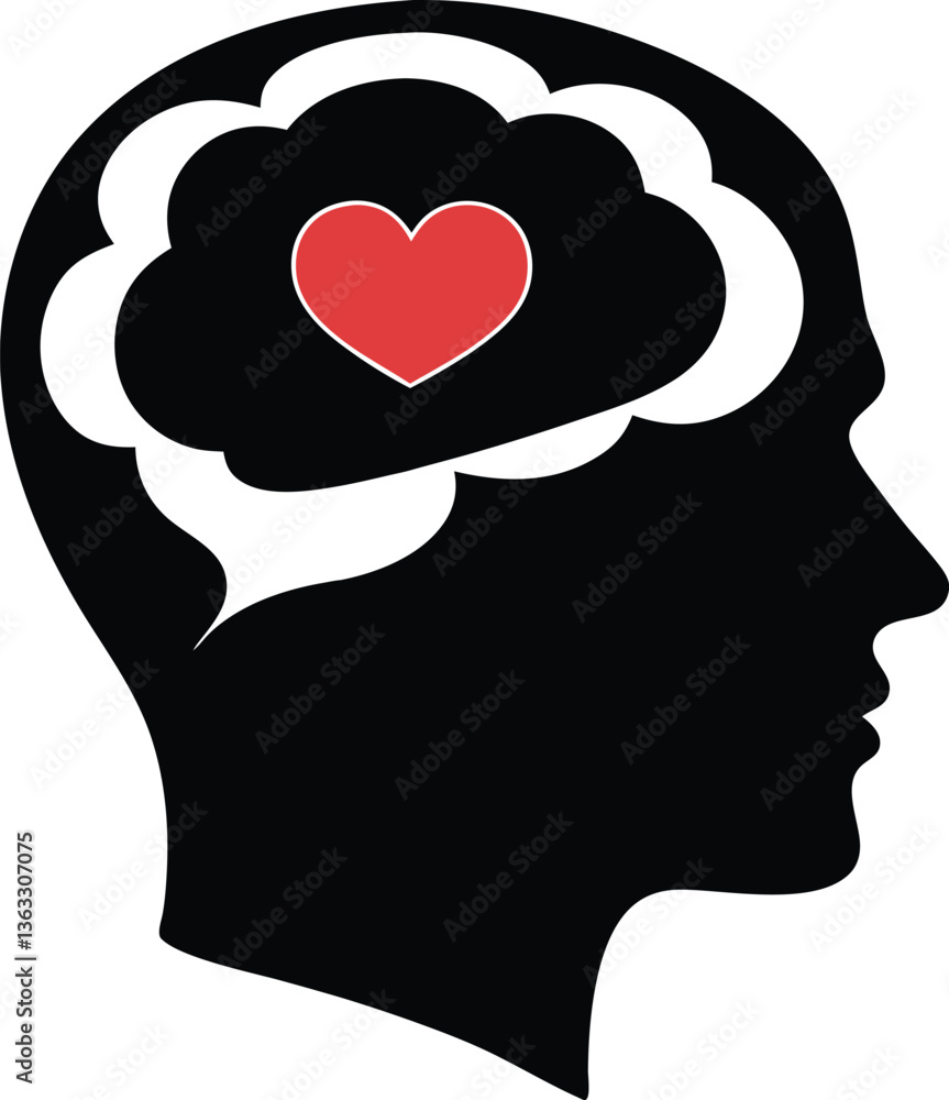 Human silhouette profile with heart symbol illustrates the mind's love concept Human silhouette profile with heart symbol illustrates the mind's love concept