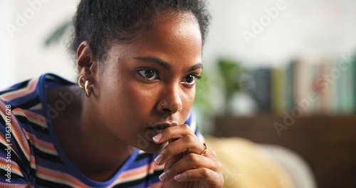 Thinking, home and serious woman with reflection, stress or contemplating decision. Planning, challenge and female person with worry, regret choice or student remember memory with exam fail in house