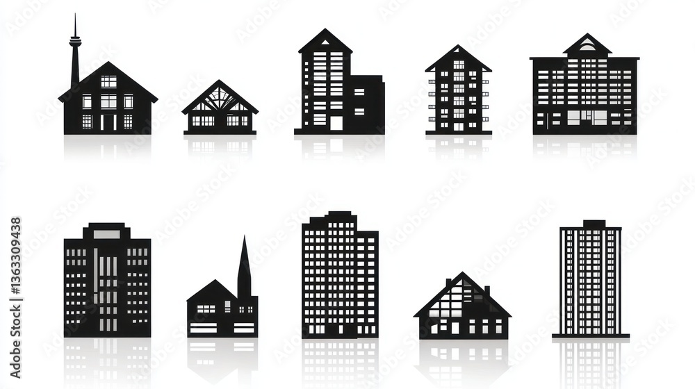 Obraz premium Black silhouettes of diverse buildings on white, suitable for architectural designs