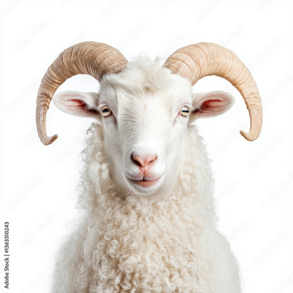 Fototapeta premium Long haired Angora goat with curly white fur and drooping ears isolated on a white background 