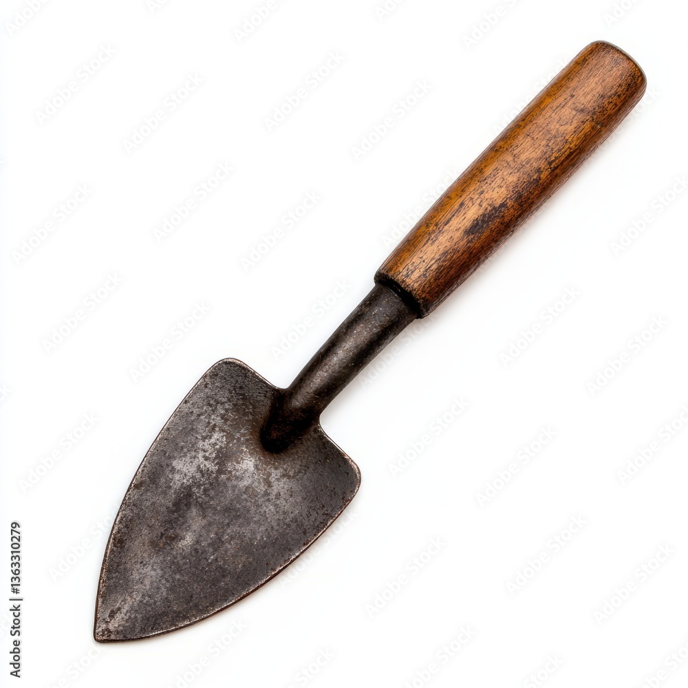 Old fashioned iron garden trowel with a weathered wooden handle isolated on a white background Old fashioned iron garden trowel with a weathered wooden handle isolated on a white background