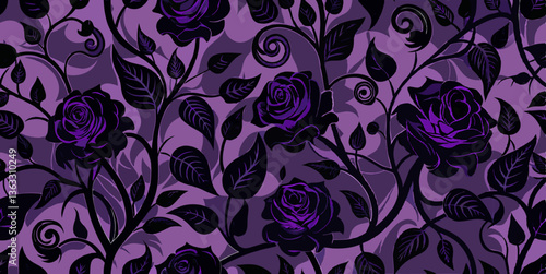 Vector gothic floral seamless pattern with black roses, swirling vines, and dark purple leaves for eerie botanical designs