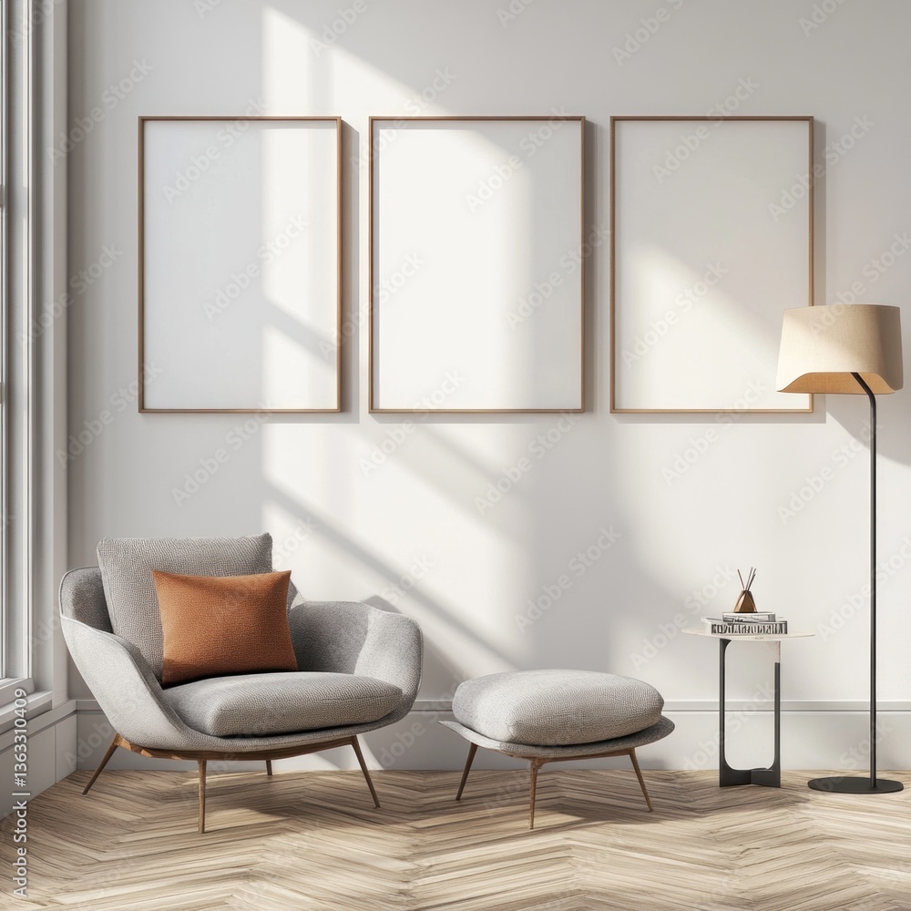 Fototapeta premium Modern living room with armchair, ottoman, floor lamp, and three empty frames on white wall.
