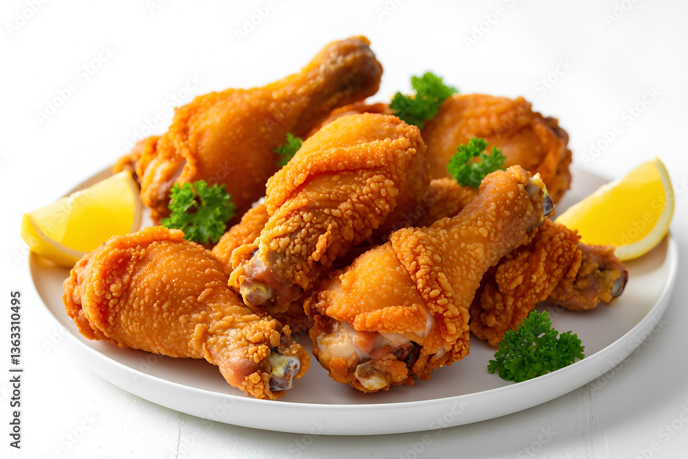 A plate of fried chicken with lemon slices on the side A plate of fried chicken with lemon slices on the side