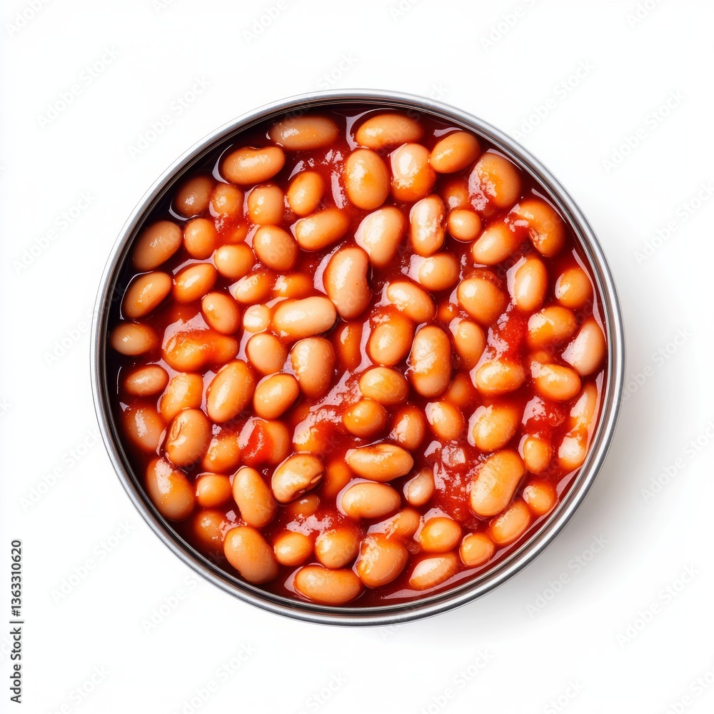 Rustic open can of baked beans in thick tomato sauce isolated on a white background Rustic open can of baked beans in thick tomato sauce isolated on a white background