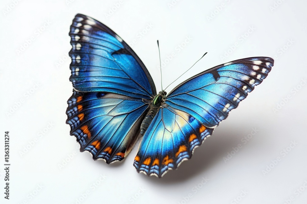 Fototapeta premium Captivating Blue Morpho Butterfly with Open Wings on White Background Detailed Wing Pattern Delicate Beauty