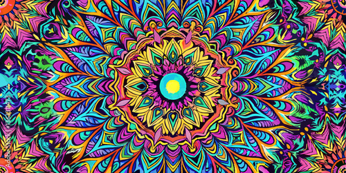 Psychedelic fractal seamless vector pattern with symmetrical neon kaleidoscope designs creating a mesmerizing hypnotic background.