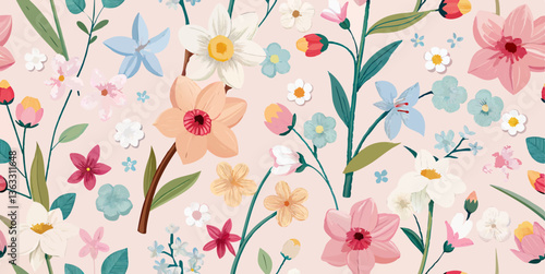 Vector spring wildflower seamless pattern with pastel daffodils, cherry blossoms, and meadow flowers for feminine floral designs