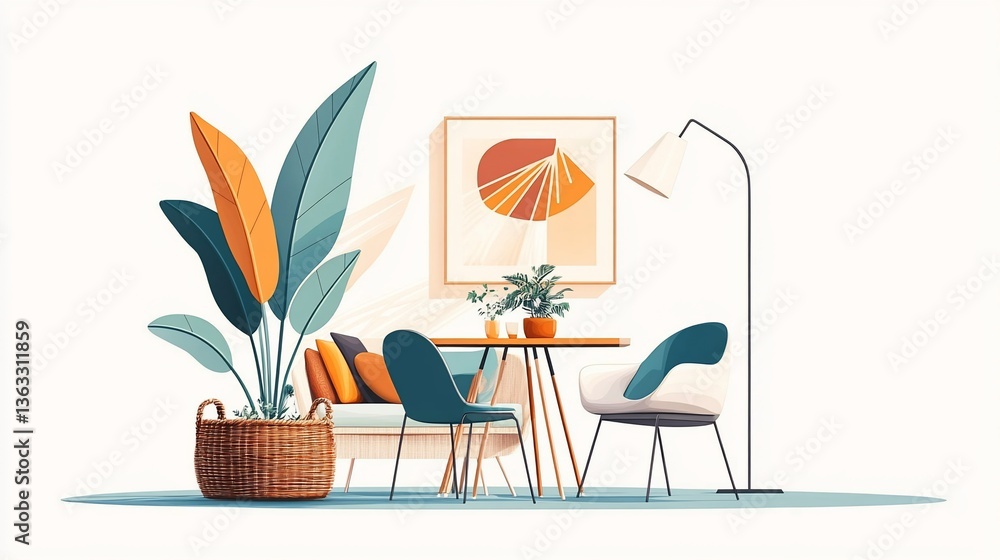 Fototapeta premium Harmonious Living Space: A stylized interior featuring plant life and minimalistic design