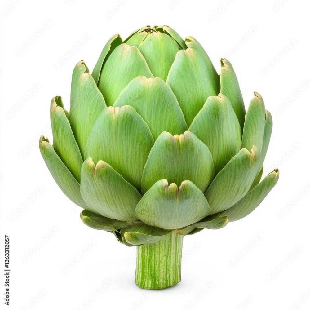 Obraz premium Fresh whole artichoke with tightly packed green leaves and a slightly pointed tip isolated on a white background 