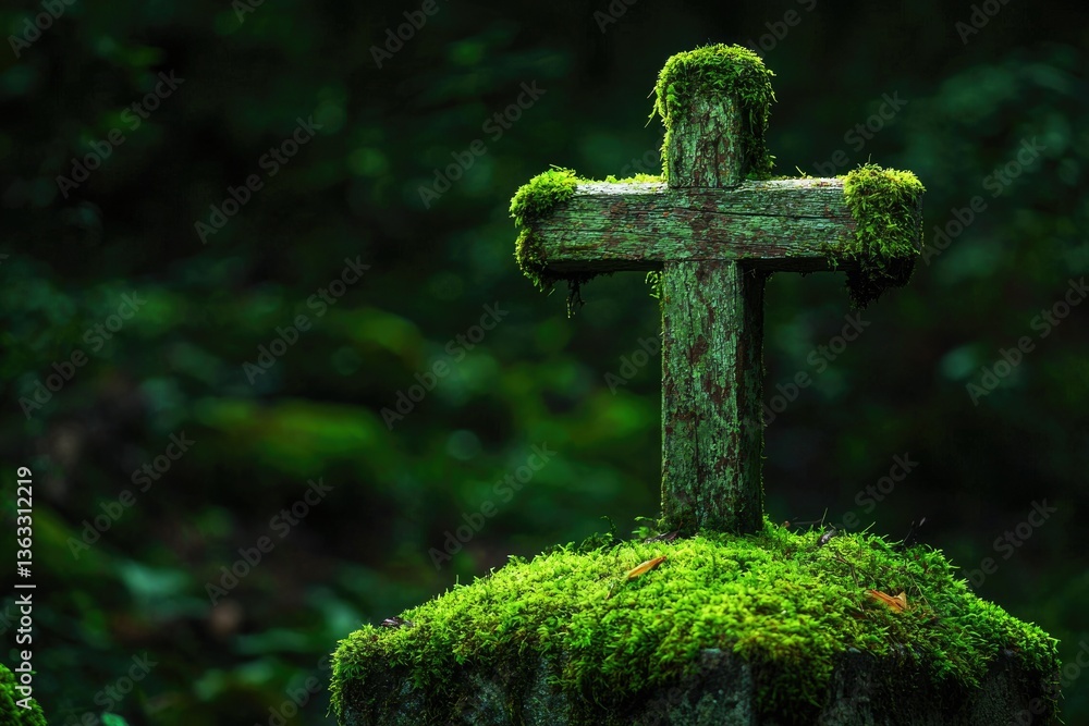 Moss-covered wooden cross stands in a dark, lush forest, symbolizing nature's embrace of faith. Moss-covered wooden cross stands in a dark, lush forest, symbolizing nature's embrace of faith.