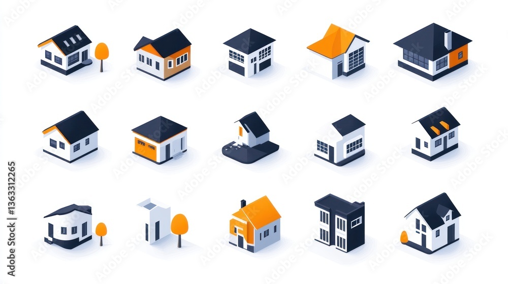 Isometric house icons; suburban neighborhood; home designs; real estate illustration